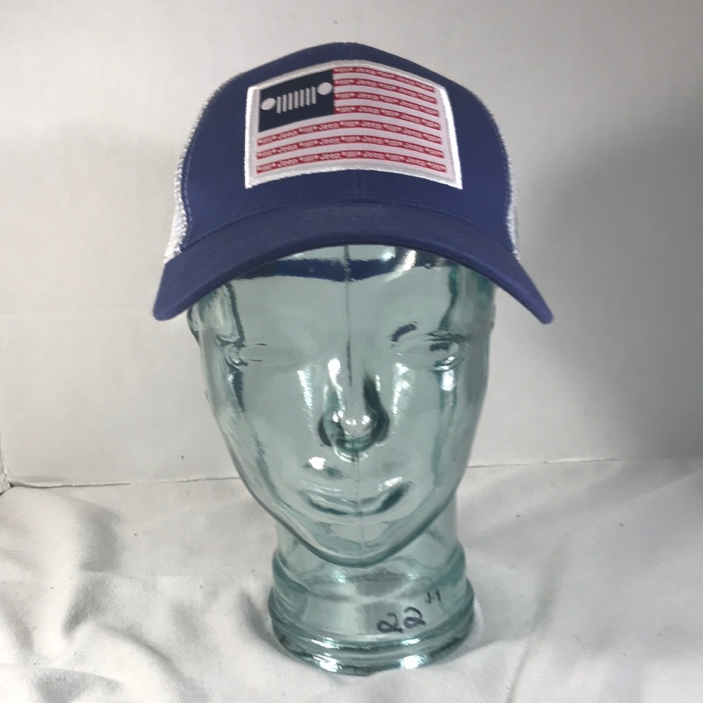 Mens Blue Jeep Trucker Hat with Flag Patch